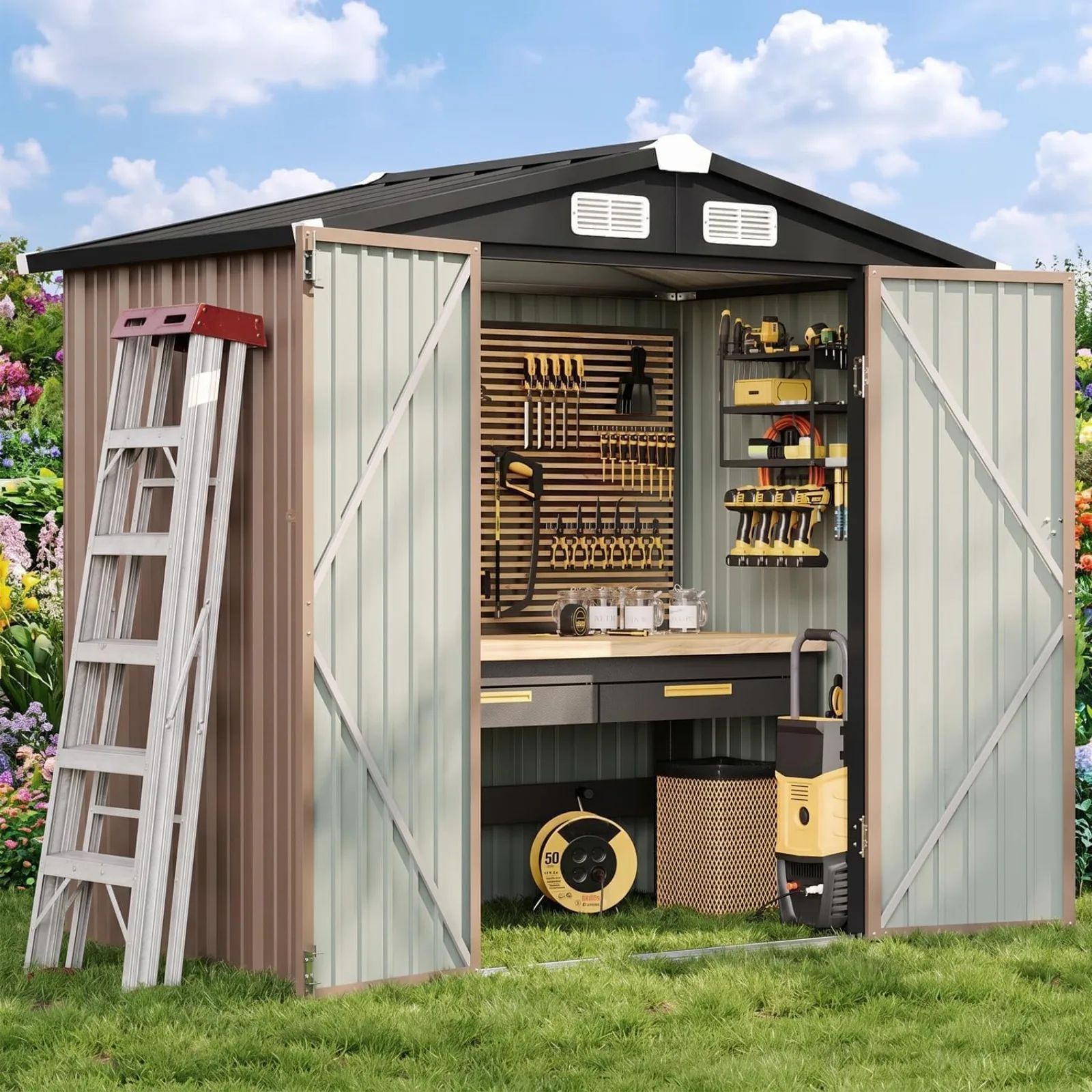 Shed Outdoor Storage Shed, Brown | Metal Shed with Lockable Doors & Slooping Roof Garden Tool Shed for Backyard, Patio, Poolside