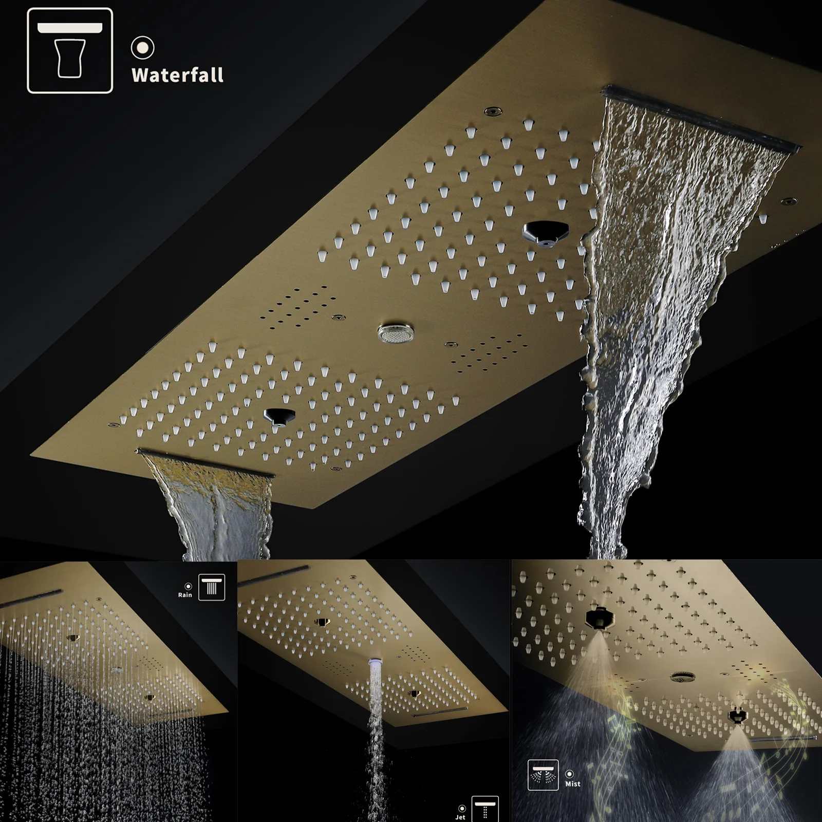900*300mm Large Overhead Rain Shower Set LED Light Music Waterfall Bathroom Thermostatic Concealed 6-Function Shower Faucet Kit