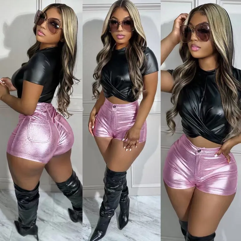 

2024 Sexy Candy Color Metallic PU Leather Shorts for Women Streetwear Fashion Short Pant Rave Clothes High Waist Booty Shorts