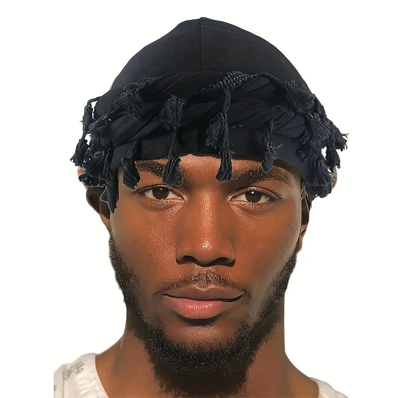 2023, Vintage Twist Head Wraps Durag z frędzlami dla mężczyzn, czarny, szary turban, szalik, krawat, chłopięca opaska do włosów