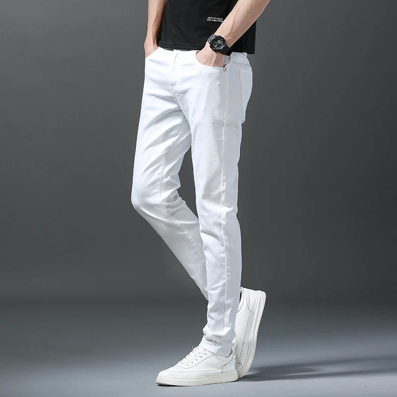 سروال رصاص بقصة ضيقة للرجال ذو علامة تجارية 98% قطن قابل للتمدد مريح جينز أبيض أنيق سروال رصاص مستقيم