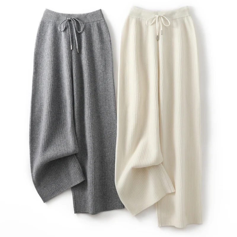 

Women's 35% Cashmere 65% Wool Elastic - Waist Thickened Solid - Color Wide - Leg Pants w/ Vertical Strip Jacquard