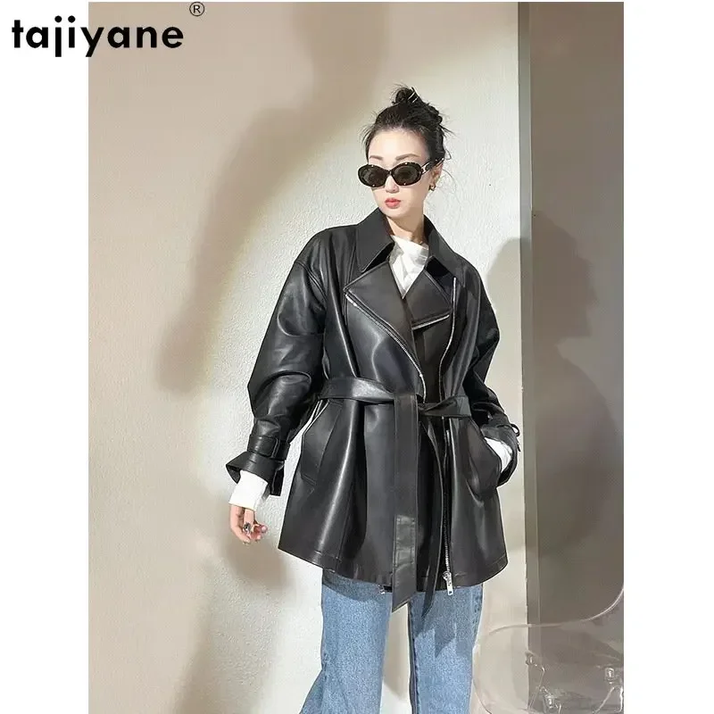 Tajiyane Genuine Leather Jacket Women New Autumn Winter Casual Loose Leather Jackets Mid-length Real Sheepskin Coat Elegant Belt