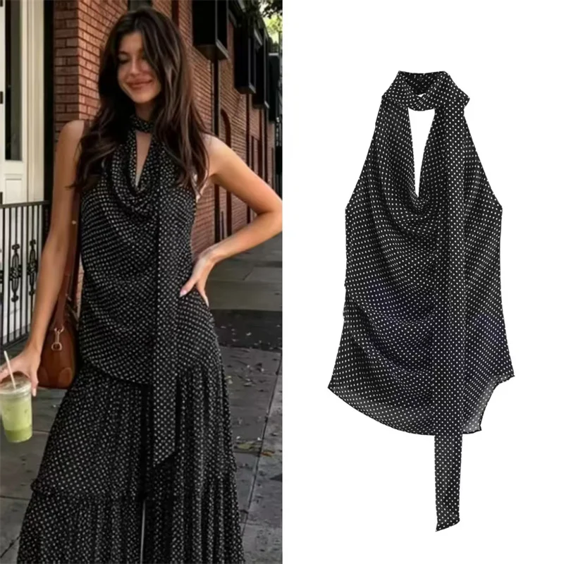 2026 Summer New Style Women's Top Black Polka Dot Halter Neck Lightweight Romantic Top Elegant and Graceful Perfect for Beach
