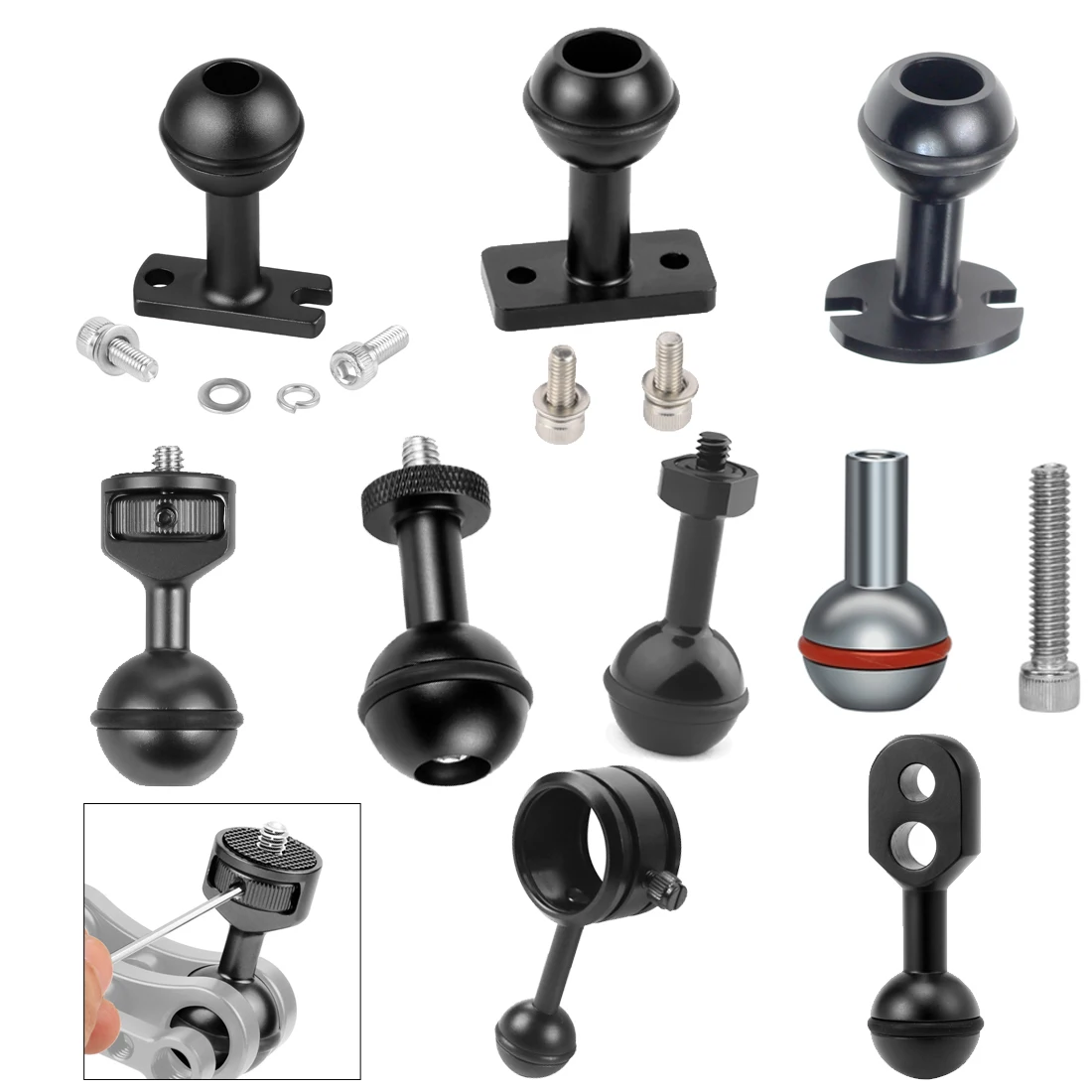1-Zoll-Kugelkopf-Montageadapter auf 1/4 M5-Schraube für GoPro 13 für DJI Osmo360 Kamera zum Tauchen, Fülllicht-Armfach – Detail 1