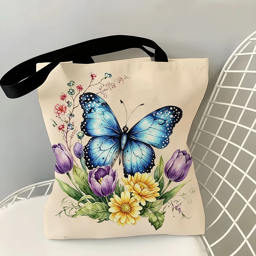1pc Watercolor Blue Butterfly Floral Canvas Tote Bag Vibrant Botanical Print With Tulips Daisies Wild Sprigs Eco Friendly