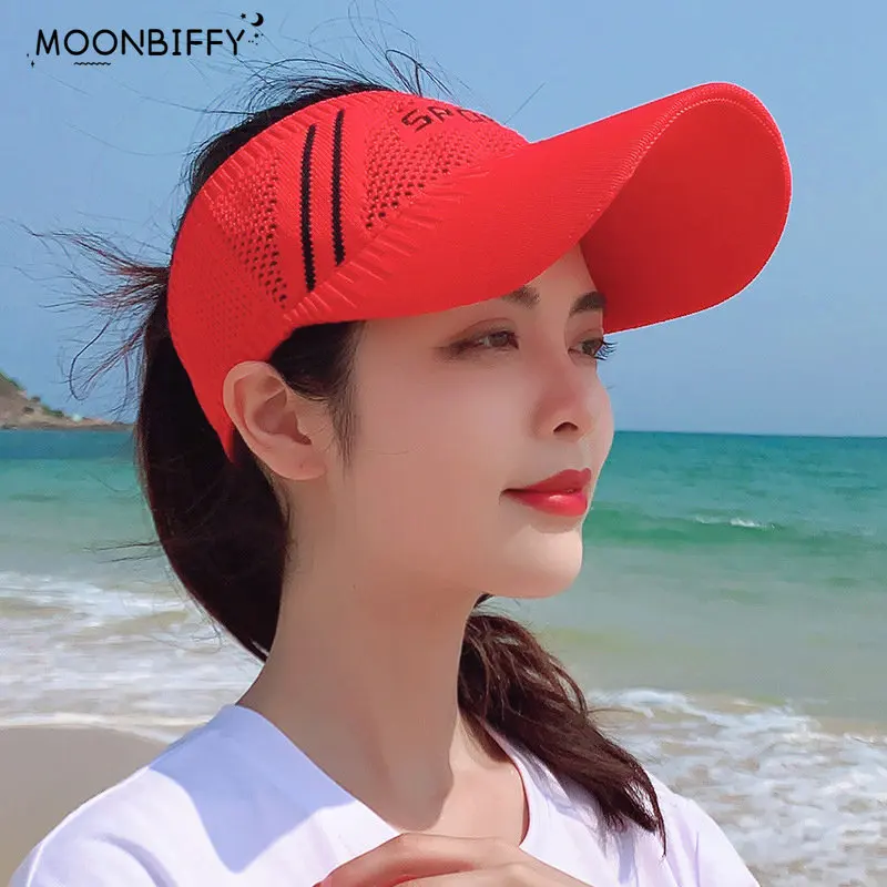 Ladies Sport Golf Cap Letter Print Women Empty Top Hat Stripe Hollow Elastic Fabric Summer Sun Hat Big Brim Outfoor Visor Caps