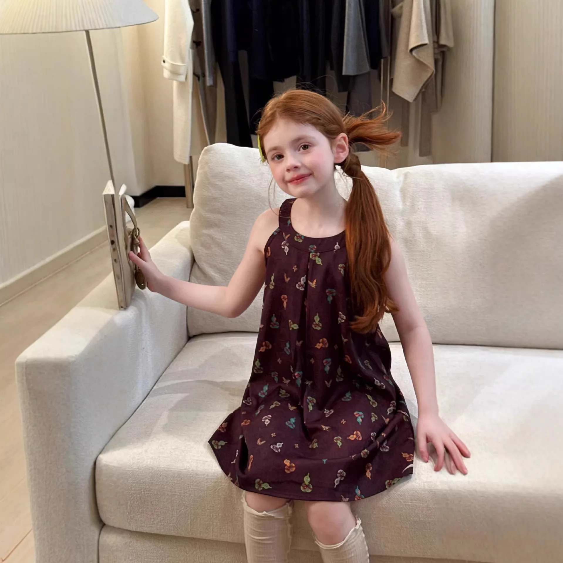 

Girls Dress 2026 Spring Summer New Korean Edition Retro Printed Hanging Neck Dress Casual Fashion Daily Fashionable Versatile