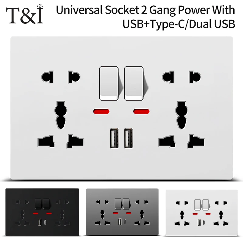 

Universal Wall Socket with Dual USB Charger & Switches, 2 Gang Power Outlet with LED Indicator, Flush Mount, 110-250V