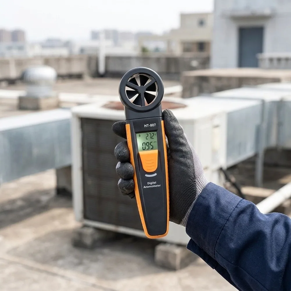 Portable HT-807 Impeller Anemometer with Clear LCD Readout for Low Light Conditions and On-the-Go Air Velocity Verification