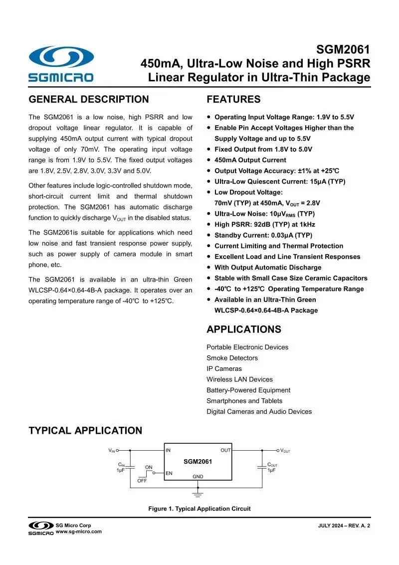 10Pcs/Pcs SGM2061-1.8XG/TR WLCSP4 SGM2061,450mA,Ultra-Low Noise and High PSRR,Linear Regulator in Ultra-Thin Package,electronics