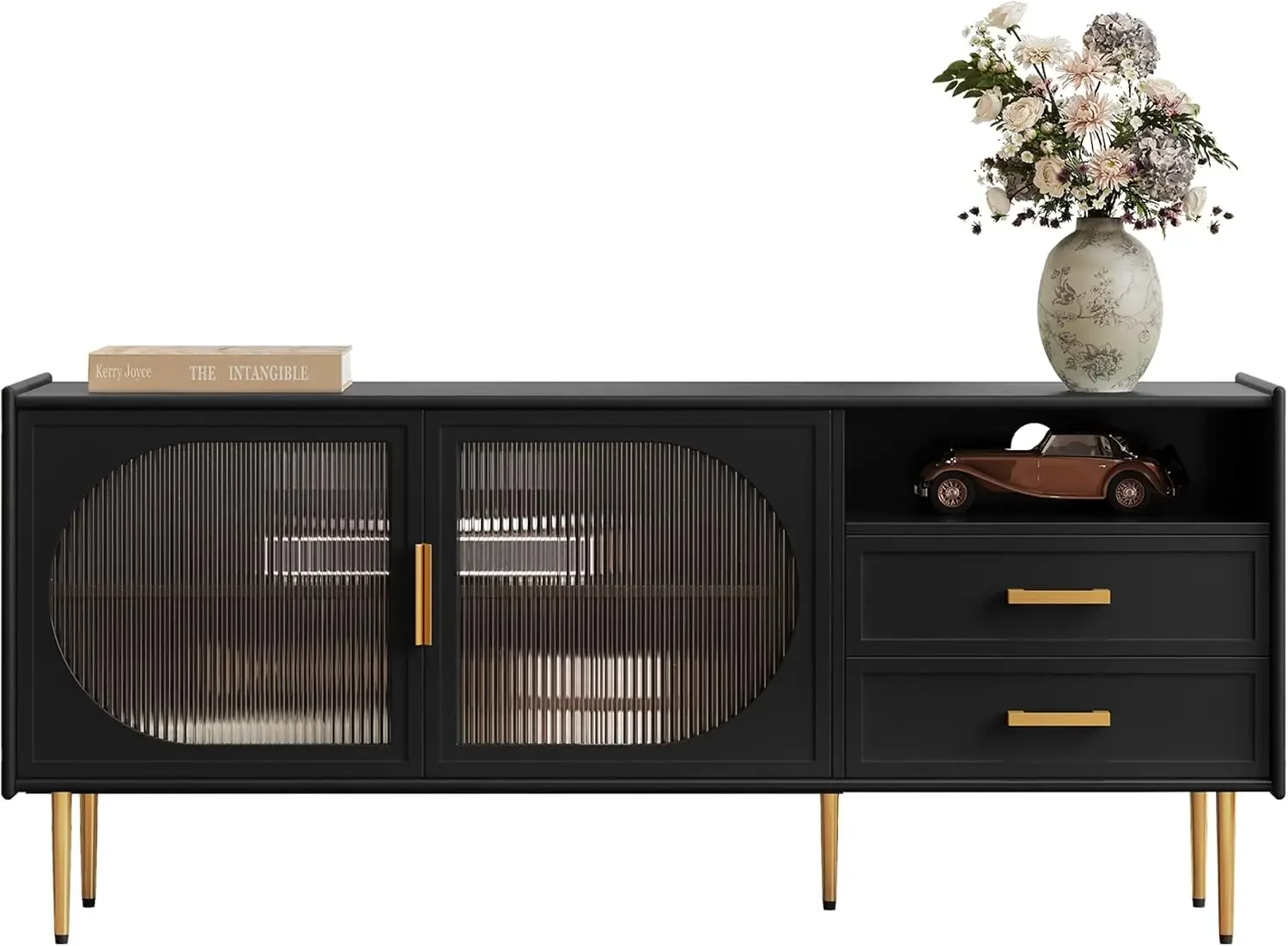 Modern 60” TV Stand for 55/60/65 inches TVs, Glass Door TV Console Table with Drawers, Entertainment Center with Storage, Black