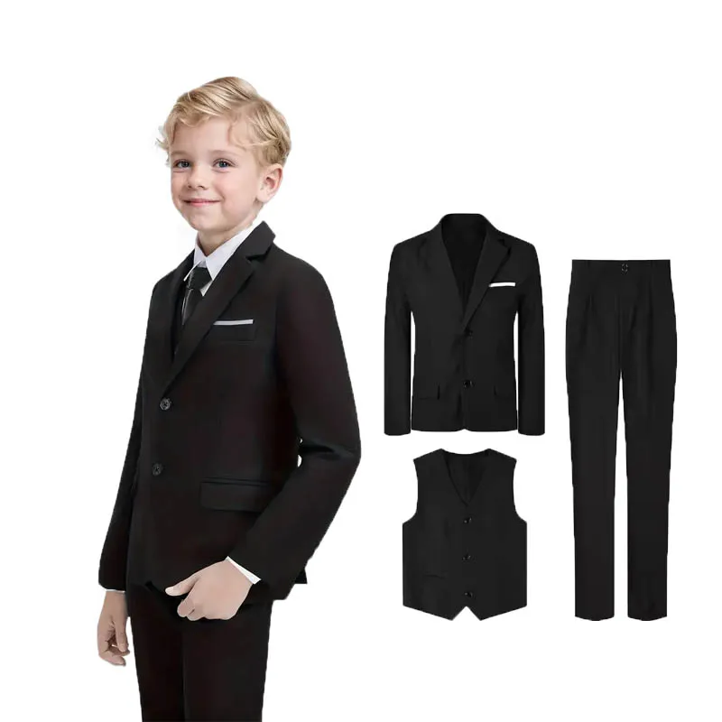Traje de Fotografía para Niños, Primavera, Negro 007, 4 Piezas/Conjunto: Chaqueta, Chaleco, Pantalones y Corbata, Vestido de Cumpleaños para Niños, Disfraz para Actuaciones Infantiles