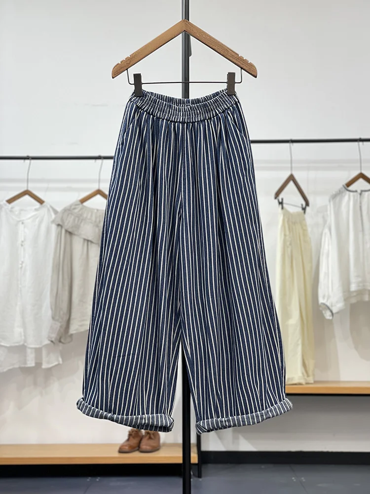 

Slimming Wide Leg Casual Pants for Women Vertical Stripes Loose Fit Comfortable Blue Strip Faionable Artistic Sle