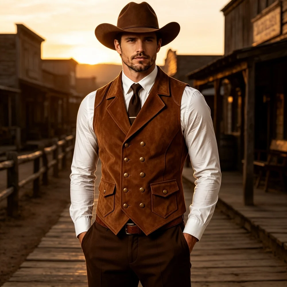 Men's Suede Waistcoat CowboyNotched Lapel Double Breasted Vest  Vintage With Real Pocket Sleeveless Men's  Suede Vest
