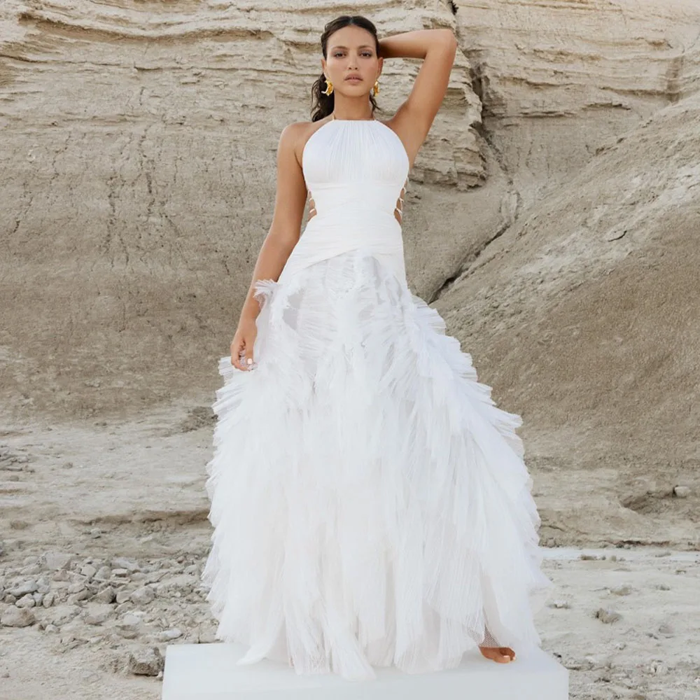 

FORMALS Halter White Folds Ruffled Evening Dress Open Back Sleeveless Long Prom Dresses Floor Length Woman Clothes Free Shipping