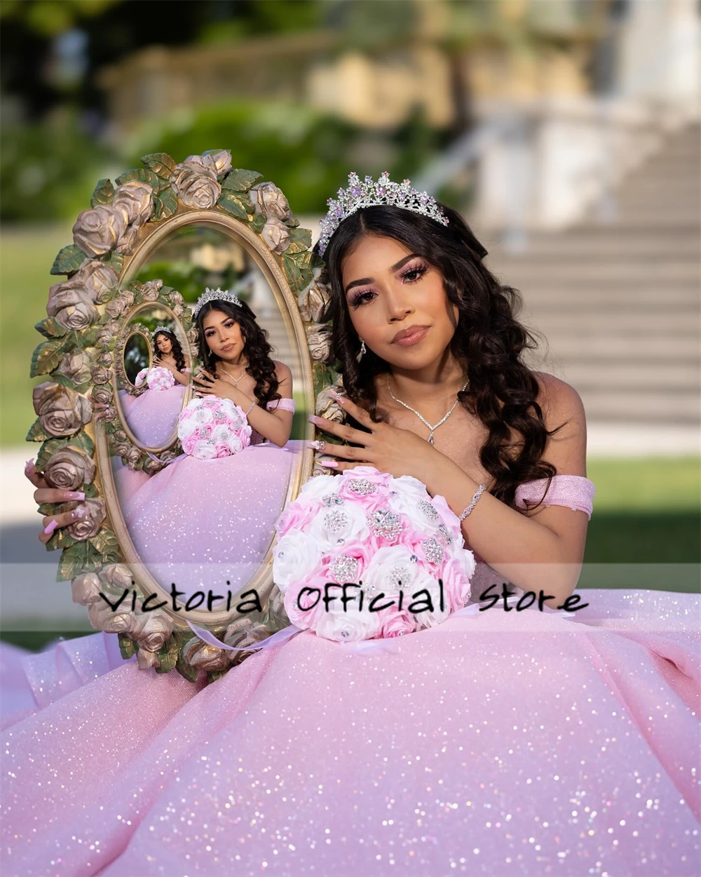 สีชมพูลูกปัดปิดไหล่ Quinceanera ชุด Puffy Ruffel Ball Gown วันเกิดลูกไม้หวาน 15 16 vestido ที่กําหนดเอง