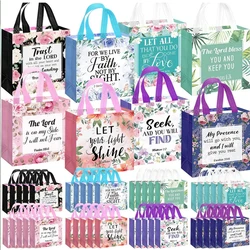 32 Pcs Bible Verse Flower Gift Bag with Handles Religious Reusable Gift Bags Bulk Christian Baptism Tote Bags Non Woven Gift Bag