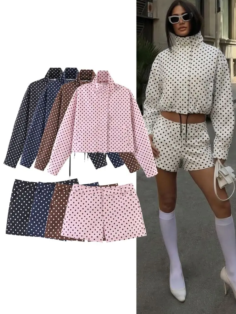 HH Fashion Women's Polka Dot Short Coats Shorts Set Spring Autumn Dot Print Drawstring Jacket+A-line Shorts Elegant Lady Outfits