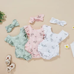 New Baby Romper With Hairband Kids Summer Flower Print Round Collar Fly Sleeve Bodysuit+ Headband 0-24 Months Hot Sale