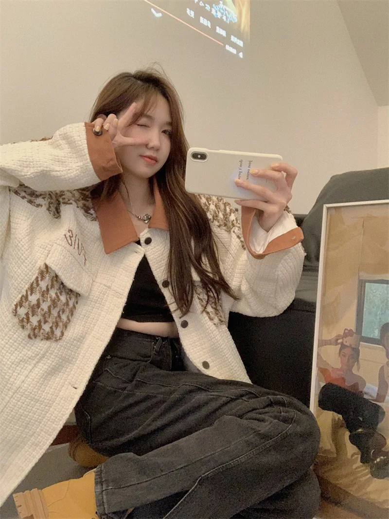 Tweed-Jacke mit Kragen, Kurzarm, Damen Frühling, Fischgrätmuster, Farbverlauf, Paneelrand, Gerade, Schmal, Puffärmel, Softshell, Elegant