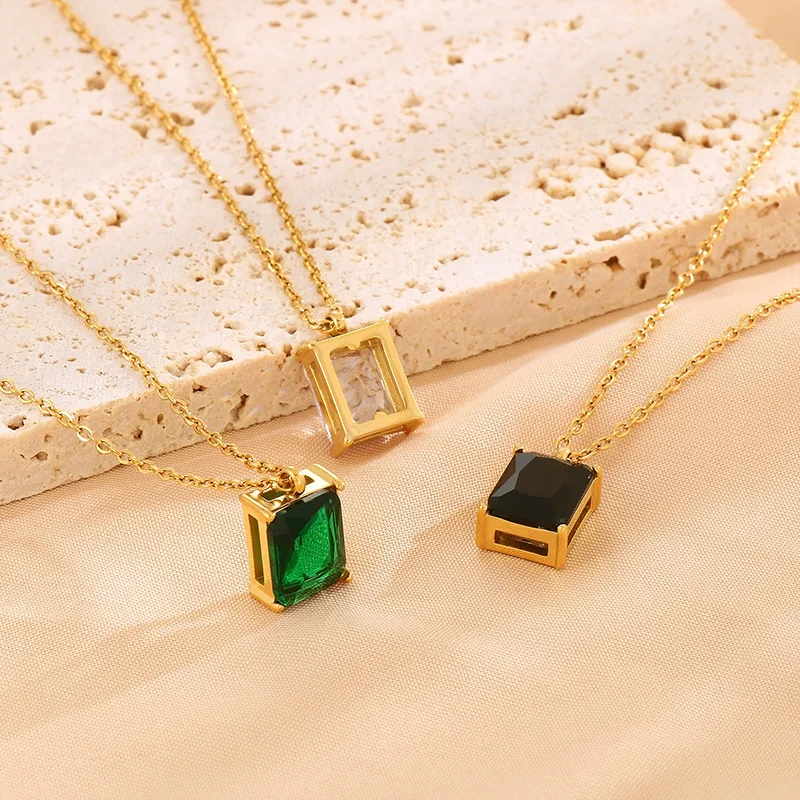 Stainless Steel Cubic Zirconia Charm Necklace For Women Trendy Green Crystal Fashion Jewelry Girl Charm Gifts