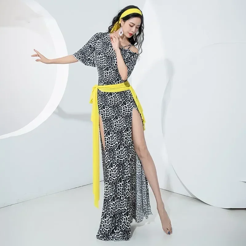 

Egyptian Spicy Accordian Baladi Robe 4 Piece Leopard Print Belly Dance Costume Sexy Side Split Dress With Belt Oriental Cairo