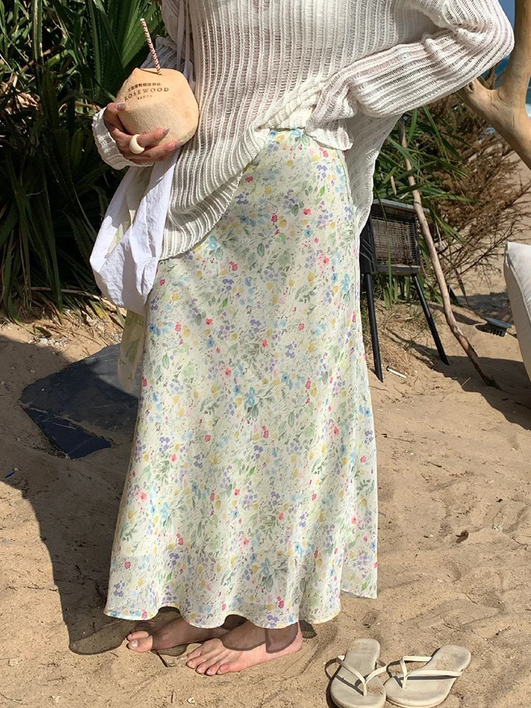Beach Chiffon Floral Long Skirt Women Loose Fashion Elegant Sweet Skirts Casual Summer High Waist Female Ocean Holiday Skirt New