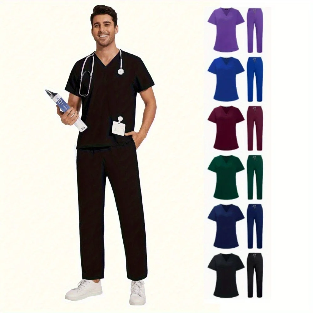 

2Pcs Set Work Set Male Dental Clinic Scrubs Uniforms Nursing Clothes Multicolor V-Neck Tops Fashion Scrubs