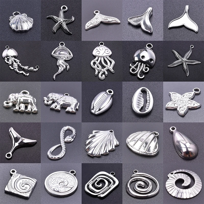 5pcs Marine Life Stainless Steel Shell Starfish Octopus Trendy Pendant Diy Birthday Gift Necklace Bracelet Pendant Material Gift