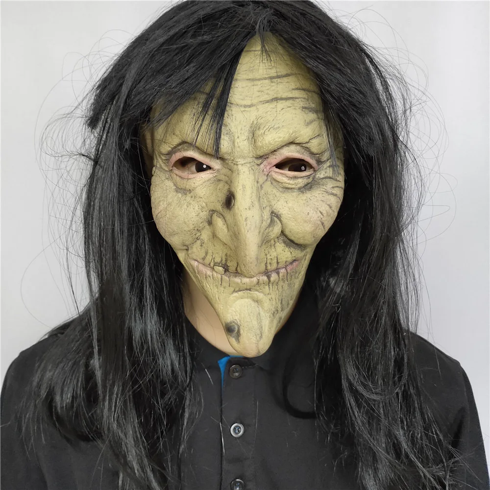 Halloween long hair grimace mask scary latex witch head set old woman face dress up party props