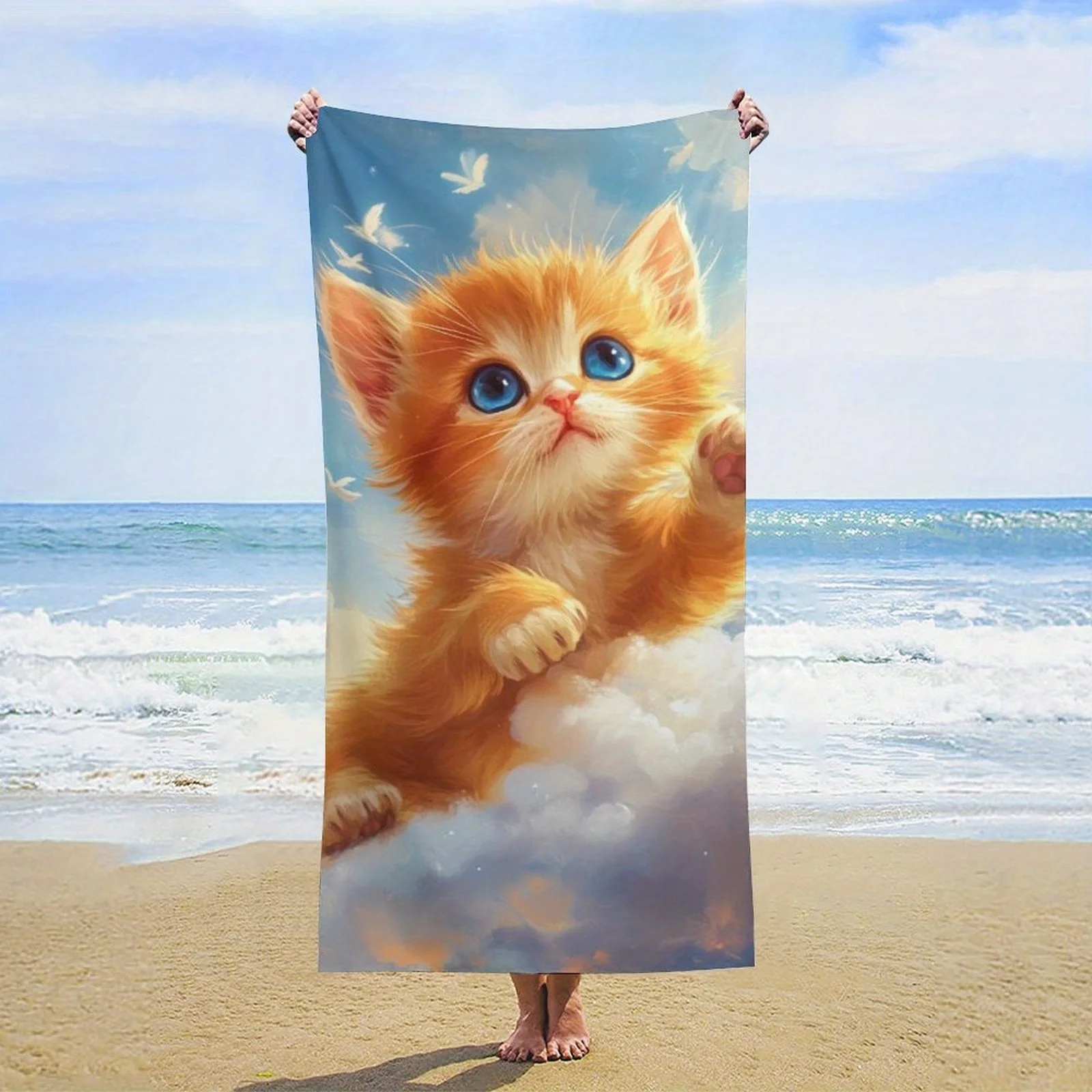 Orange Kitten Cloud Print Microfiber Quick Dry Beach Towel For Travel Gym Cat Lovers Gift