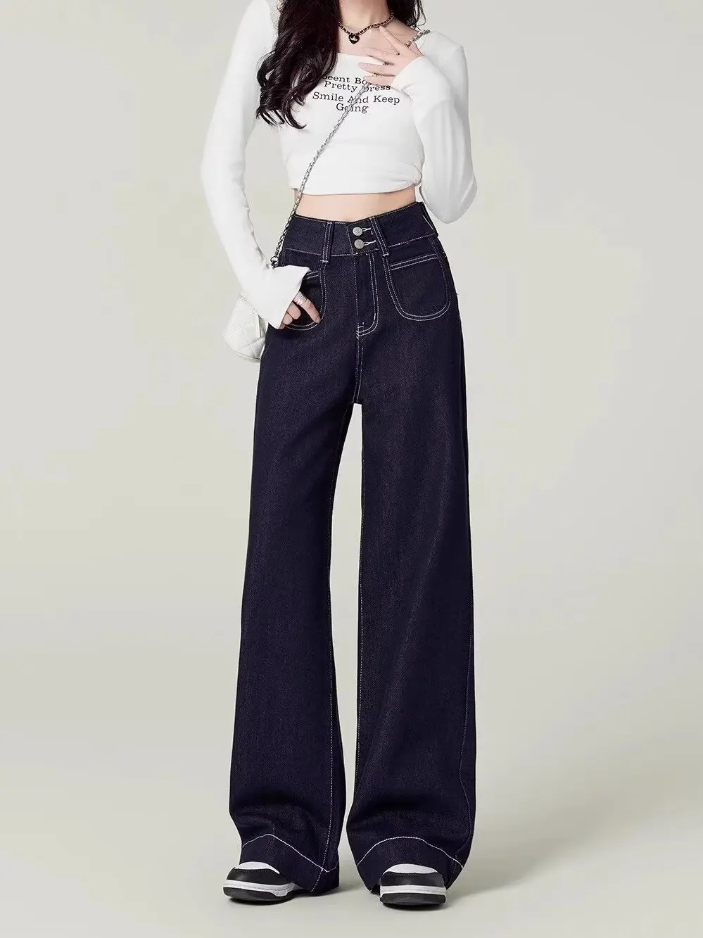 

Casual Women's High Waist Straight-Leg Jeans Pants Fashion Wide-Leg Full Length Denim Pants Pocket Loose Zipper Jean Trousers