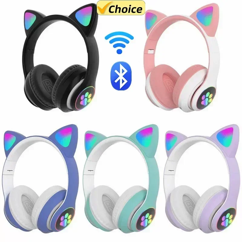 New STN-28 Cat Ear Head mounted Bluetooth Earphones Flash Light 5.0 Wireless Sports and Leisure Card Folding