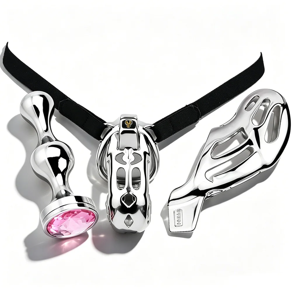 Jaula de castidad grande plateada FRKO SM, dispositivo de cinturón de castidad con anillo para pene y tapón anal, juguetes sexuales para hombre esclavo gay.