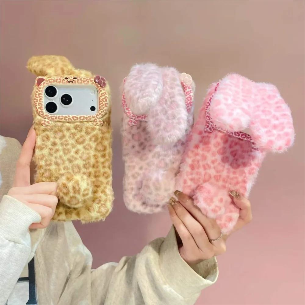 Leopard Print 3D Bunny Ear Fluffy Plush Phone Case For iPhone 18 17 15 14 13 12 11 16 Pro Max Winter Warm Furry Cover