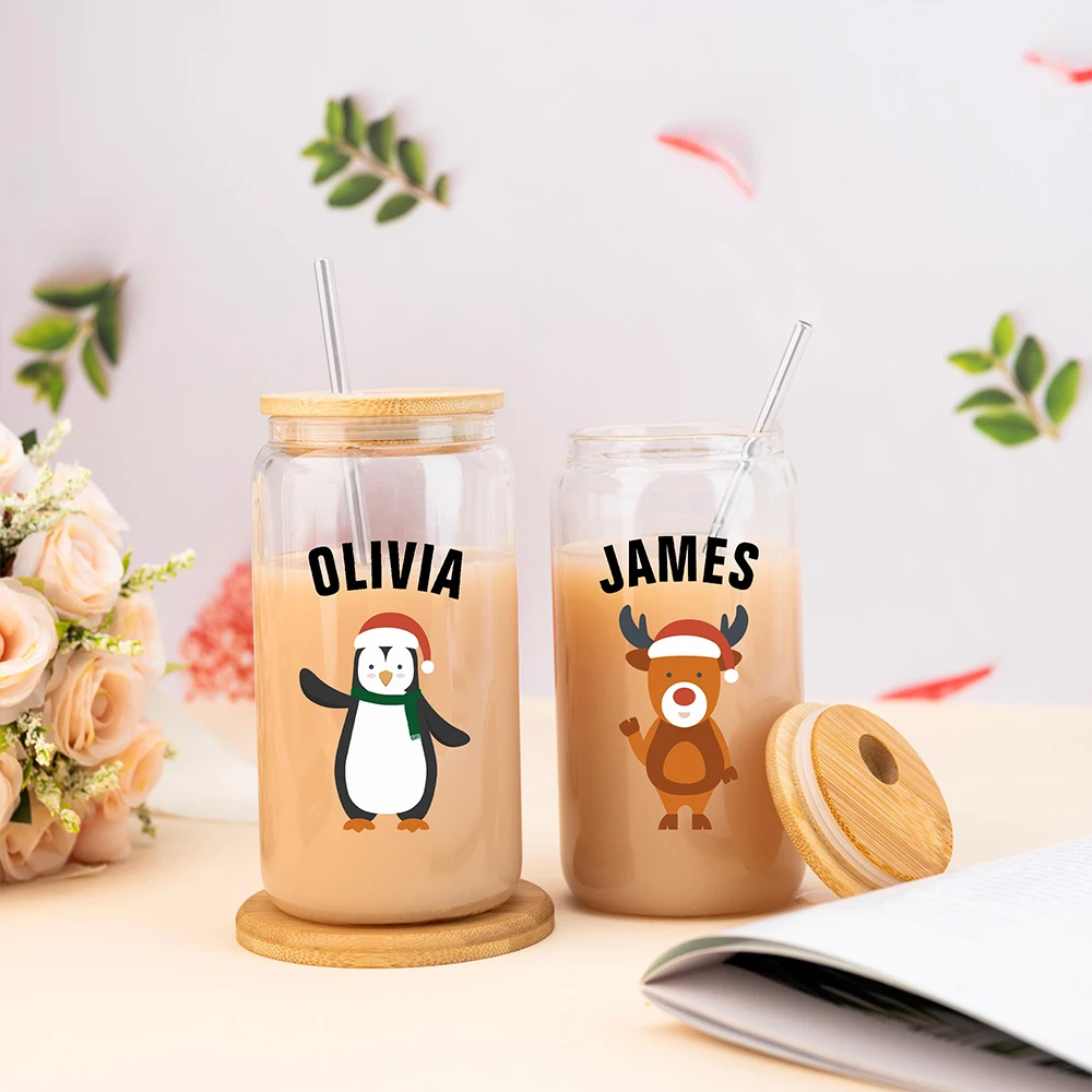 Christmas Customized Drinking Glass Coffee Water Juice Bottle Portable Clear Cup with Lid Straw Brush Holiday Gifts view 5