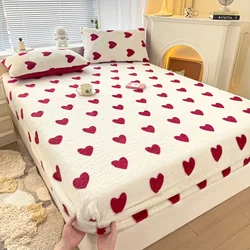 Winter thermal plush fitted sheet elastic mattress cover red heart printed warm coral fleece bed linens queen king size