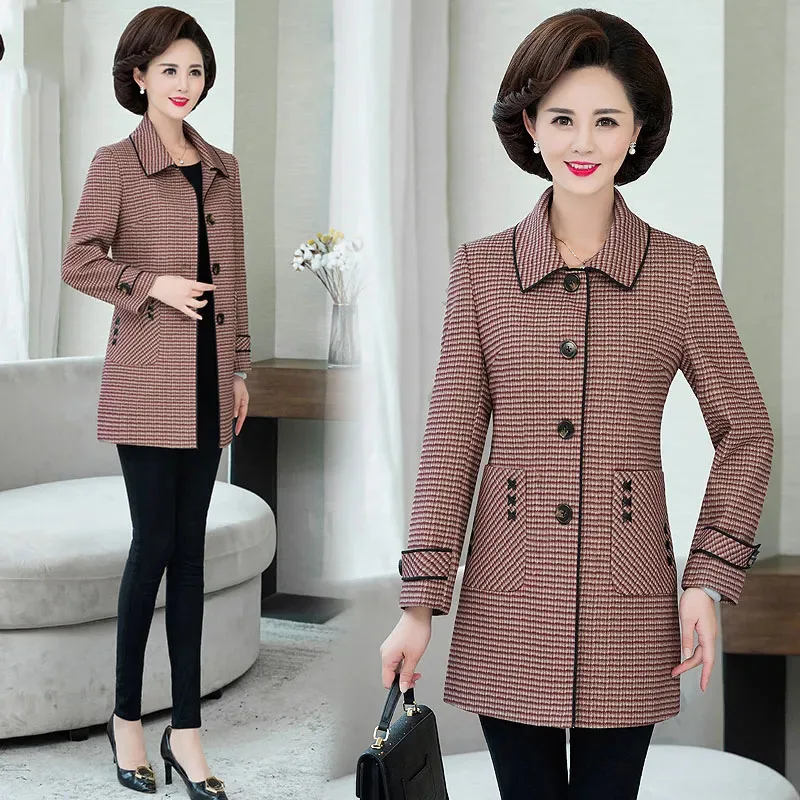 Middle Aged Elderly Womens Woolen Jacket Autumn Winter Mother Outwear New Fashion Mid-Long High-end Blazer Wool Windbreaker Coat