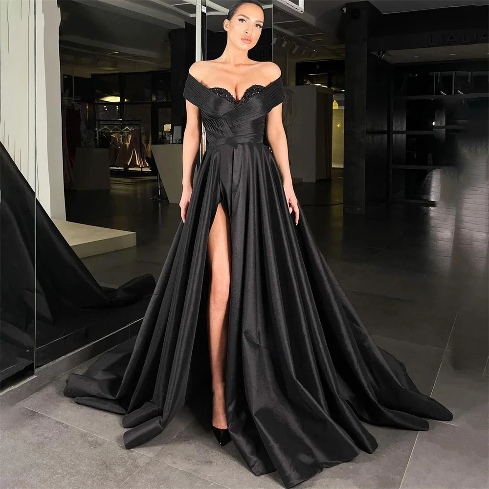 

Vinca Sunny Arabia Black Evening Dresses 2023 Off Shoulder Side Slit Beadings Prom Dress Satin Dubai Solid Celebrity Party Gowns