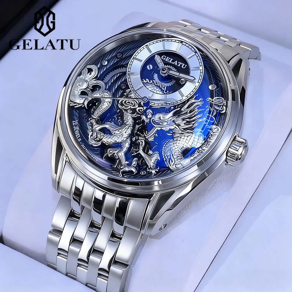 GELATU Men's Watches Top Luxury Stainless Steel Dragon Sapphire Mirror Self-winding Mechanical Wristwatch Waterproof Luminous