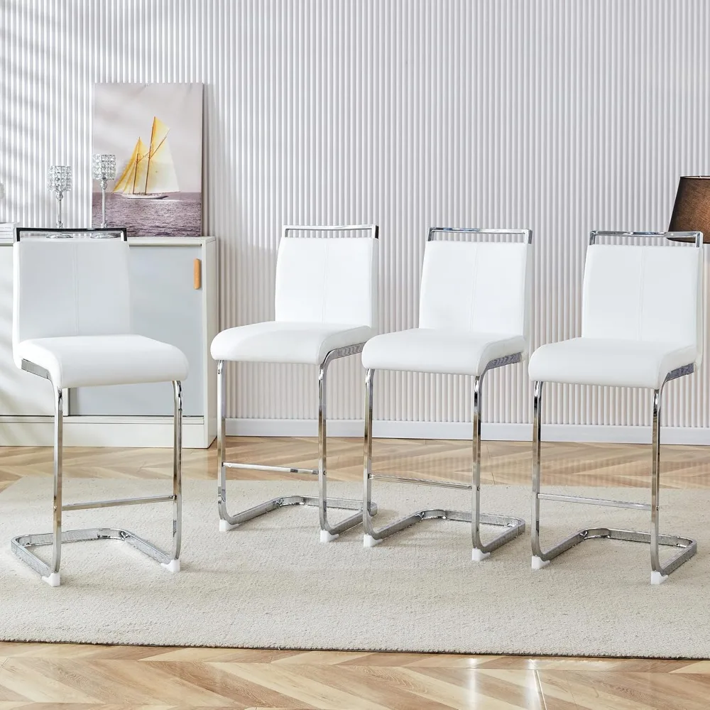 

Bar Stools Set of 4,Counter Height Bar Stools with Backs,White Barstools with Chrome Plated Metal Leg,Upholstered Leather Counte