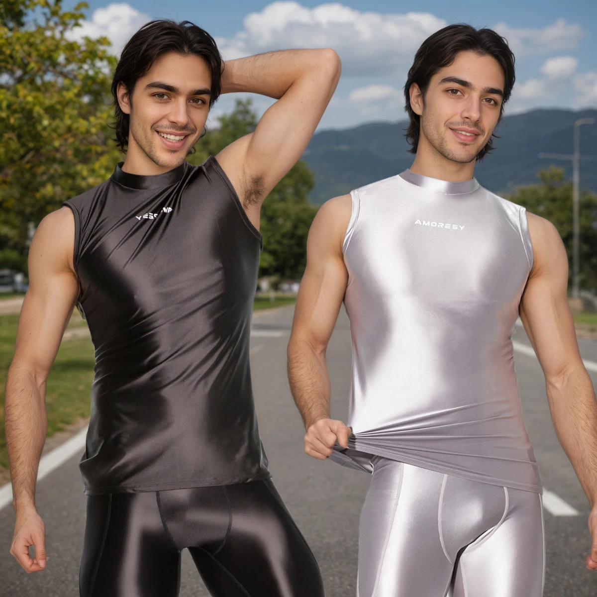

AMORESY Poseidon Series Men Glitter Satin Sleeveless Tight Sportwear Running Cycling Gym Outdoor Vest Tops Breathable Underwear