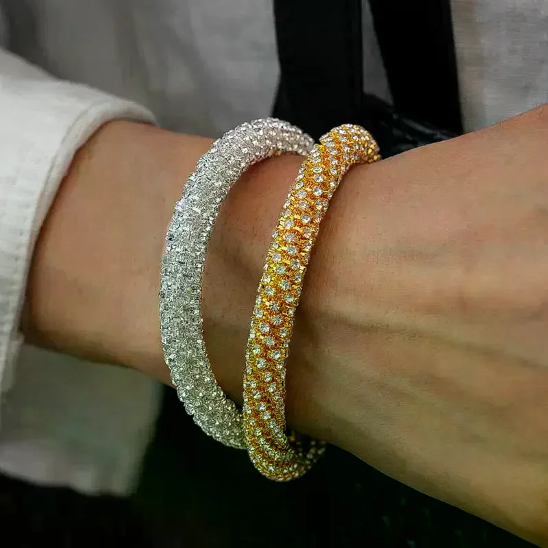 Full Rhinestone Open Bangle For Women Sparkling Crystal Stone Evening Party Bangle Fashion Jewelry