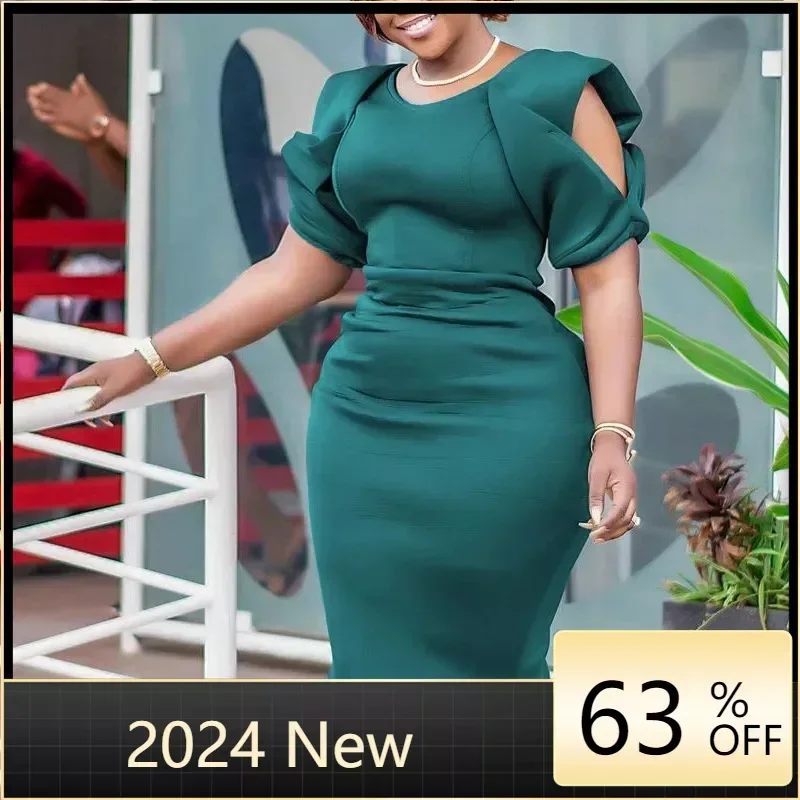 

Women Party Dress Bodycon O Neck Cut Out Sleeves Slim Elegant Event Night Club Sheath Gowns African Large Size Ladies Green New