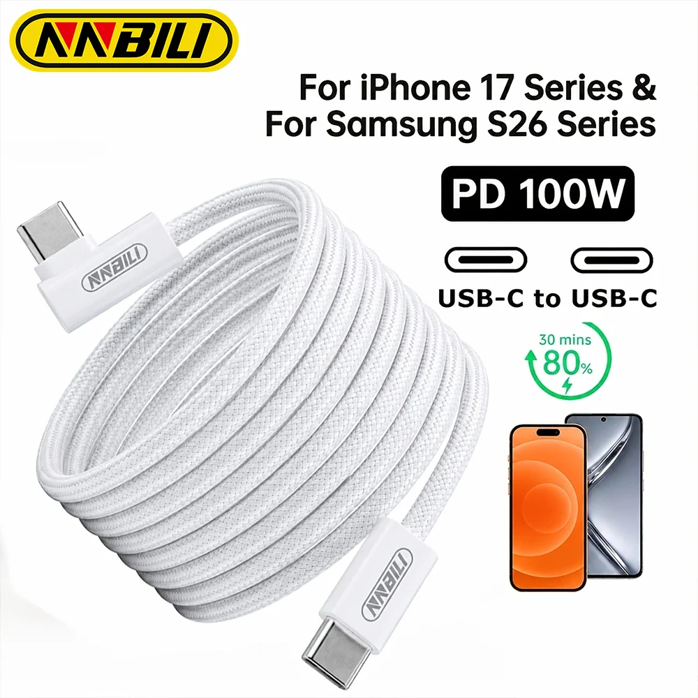 NNBILI 100W USB-C zu USB-C Kabel 90 Grad für iPad MacBook Pro Xiaomi Samsung Huawei Schnelles Laden Typ-C Datenkabel für iPhone 17