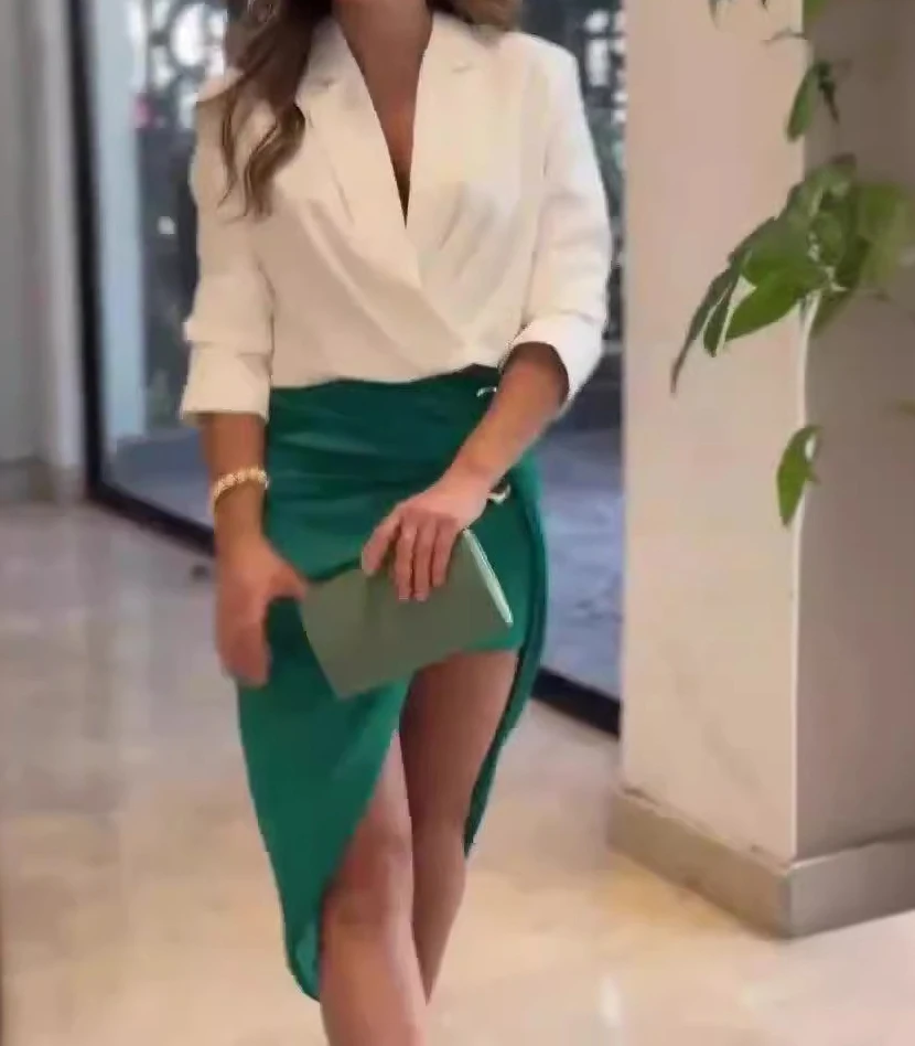 طقم تنورة نسائية بأكمام طويلة من الأعلى وخصر مرتفع ، مجموعة تنقل من قطعتين ، رقبة V عميقة ، مزاجية أنيقة ، موضة بنمط جديد ، الصيف ،