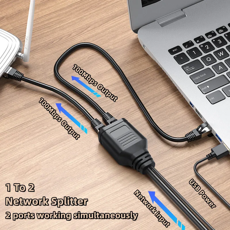 1 to 2 Ethernet Adapter RJ45 Splitter Internet Network Cable Extender RJ45 Connector Coupler for PC TV Box Router Cat6 USB Power