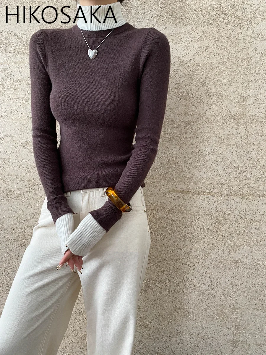 Fake Two Piece Contrast Color Turtleneck Knit Pullovers Korean Chic Casual Long Sleeve Skinny Jumper 2024 Fall Bottomed Sweater