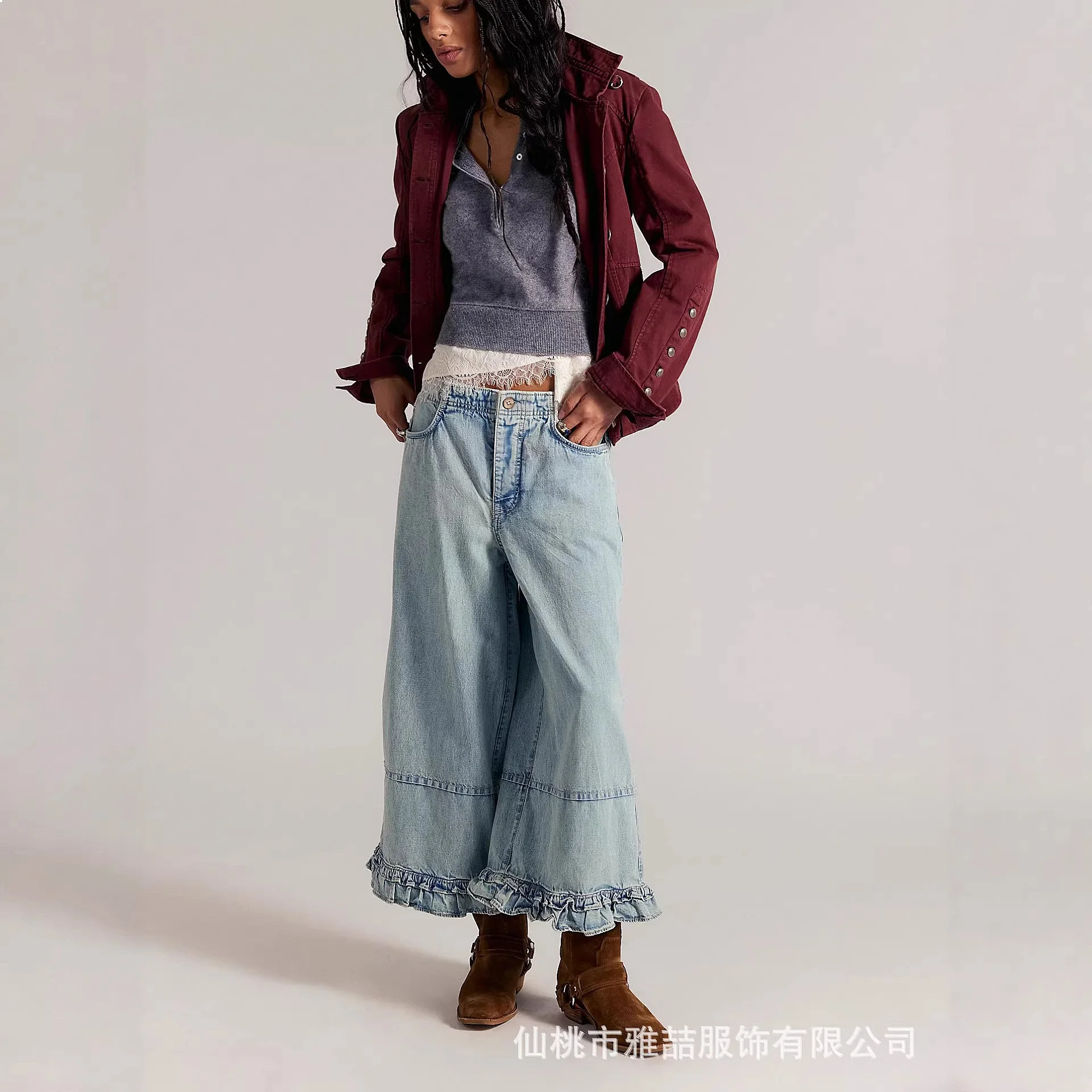 Wide Leg Jeans for Women Boho Ruffle Casual Cropped Denim Pants Spring Summer